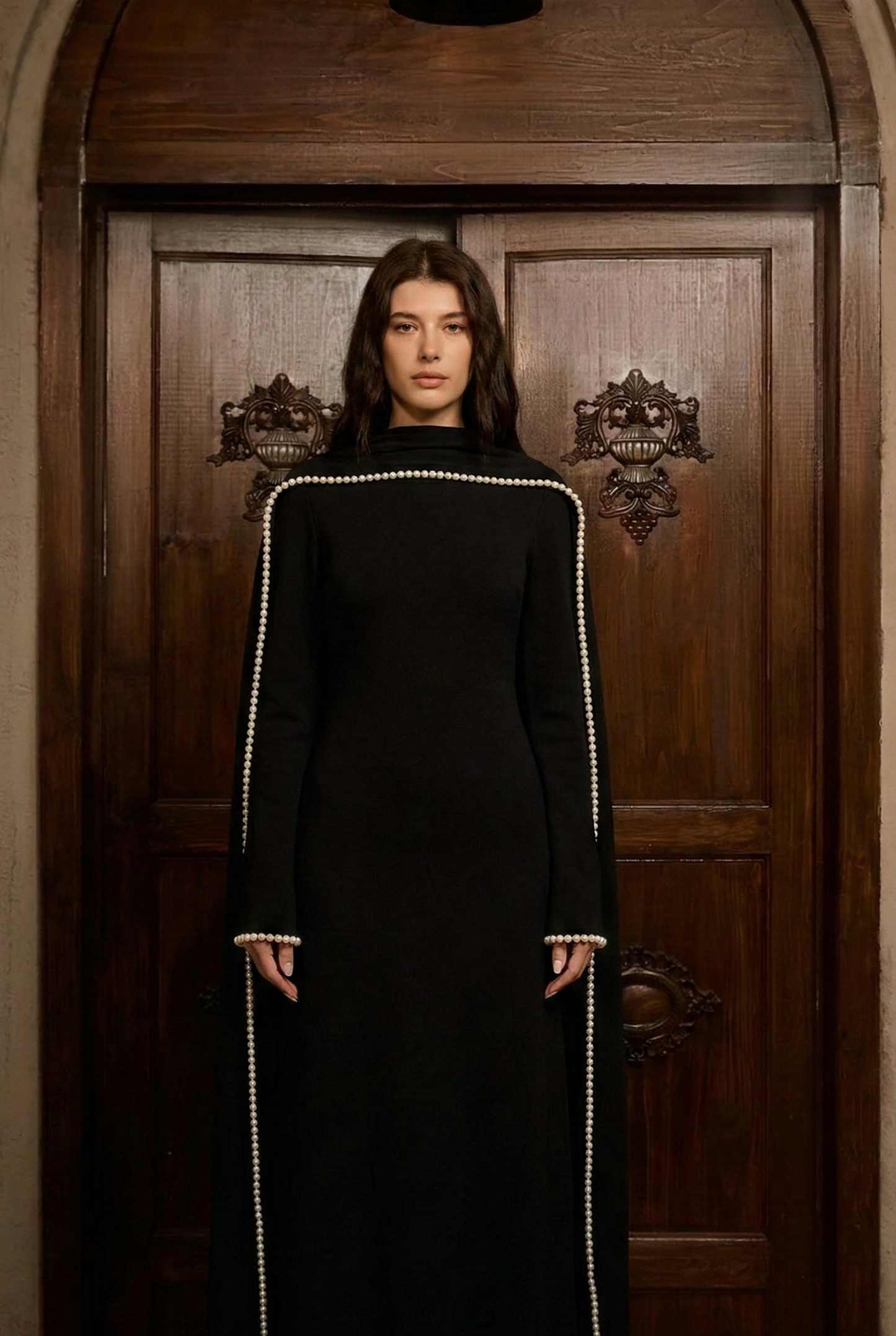 Polyester Long-Sleeved Dress with Shawl Design