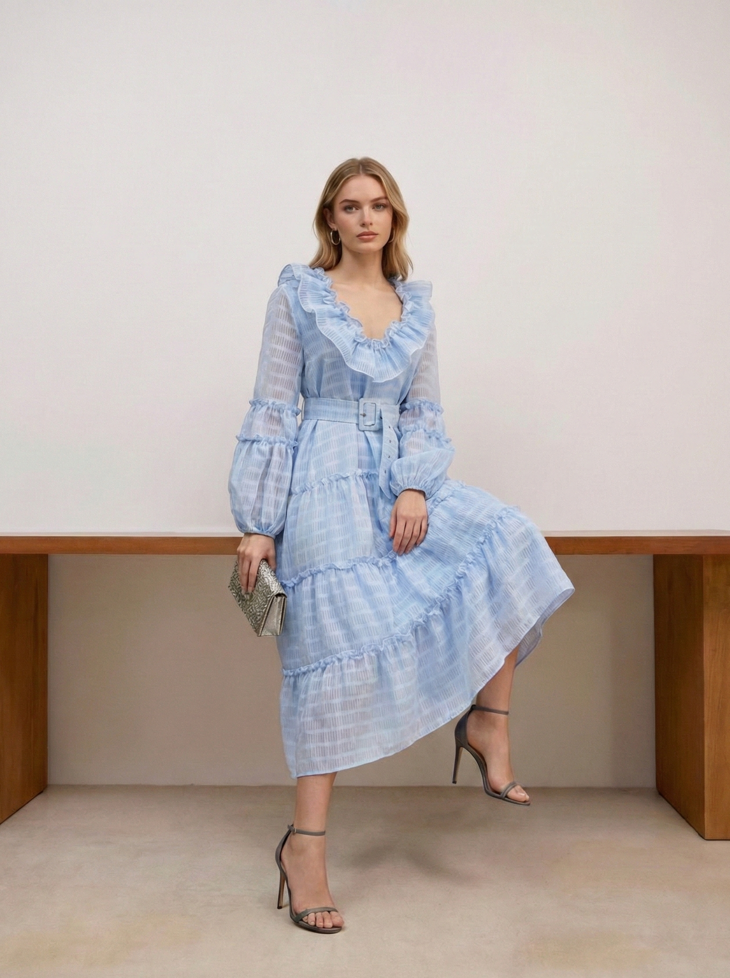 Polyester Long Dress with Bubble Sleeves and Waist-Cinching Design