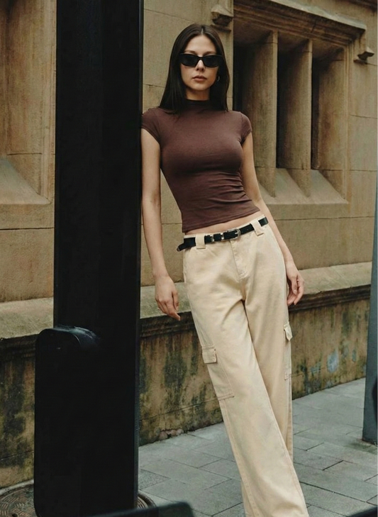 Cotton Short Sleeve Shirt with Half Turtleneck