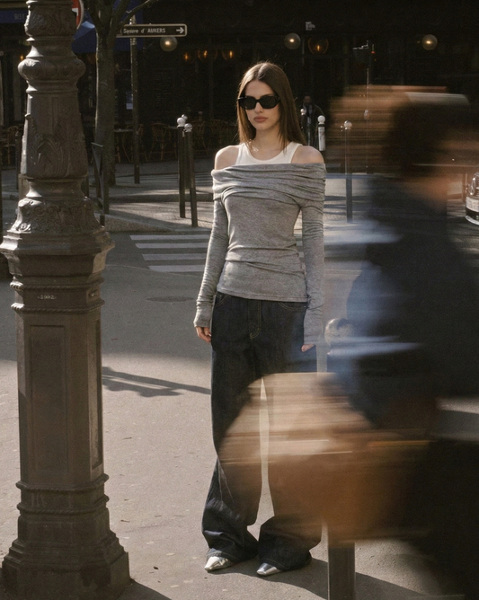 Cotton Blend Off-Shoulder Top with Patchwork Design