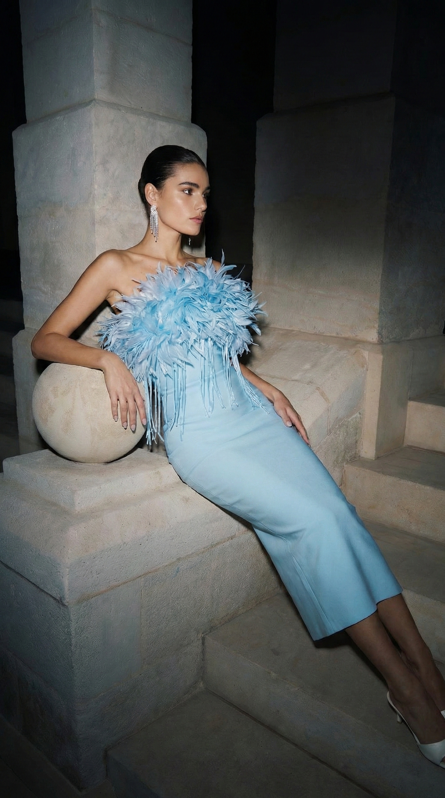 Chic Blue Strapless Petal Applique Midi Dress