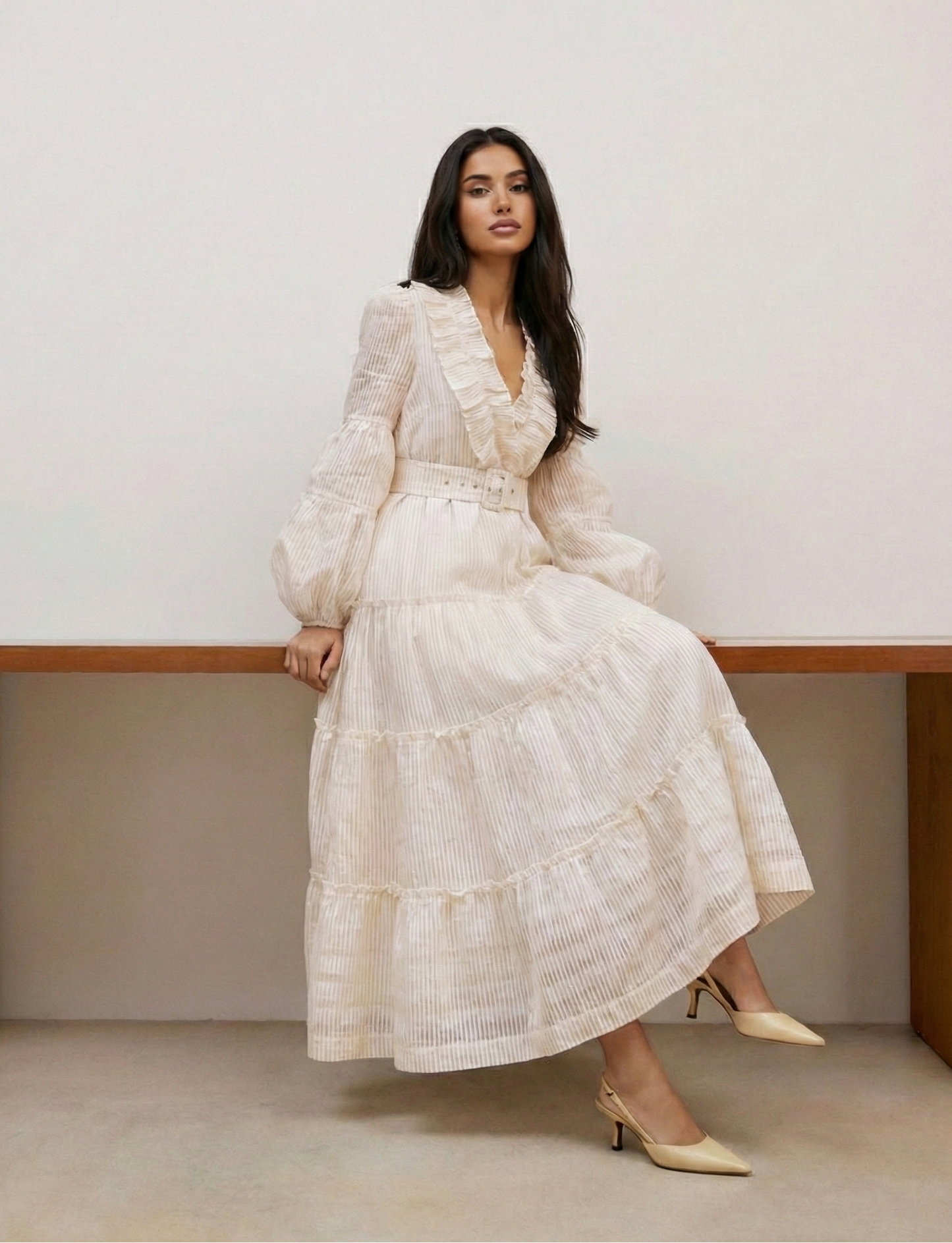 Polyester Long Dress with Bubble Sleeves and Waist-Cinching Design