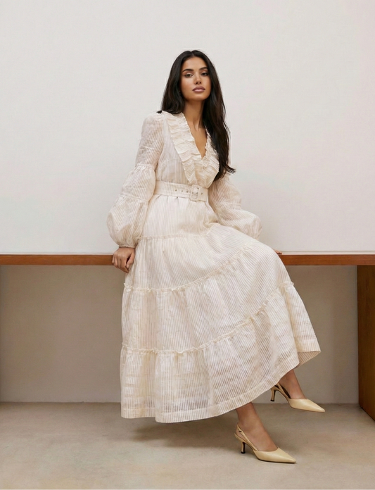 Polyester Long Dress with Bubble Sleeves and Waist-Cinching Design