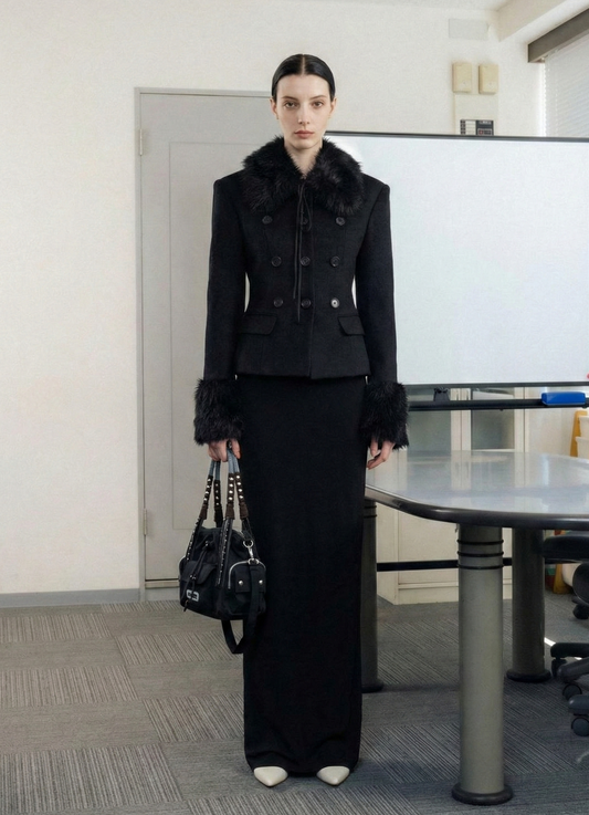 Wool Blend Fur Collar Coat - French Style Patchwork