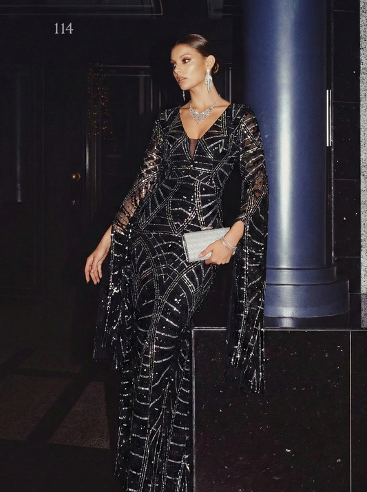 Structured Evening Dress - Geometric Sequin Bell Sleeve