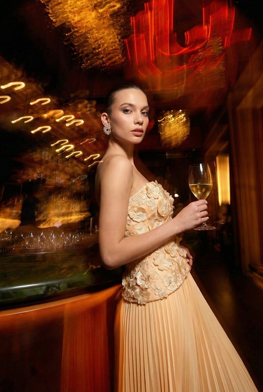 Chic Yellow Floral Applique Corset Top & Pleated Skirt Set