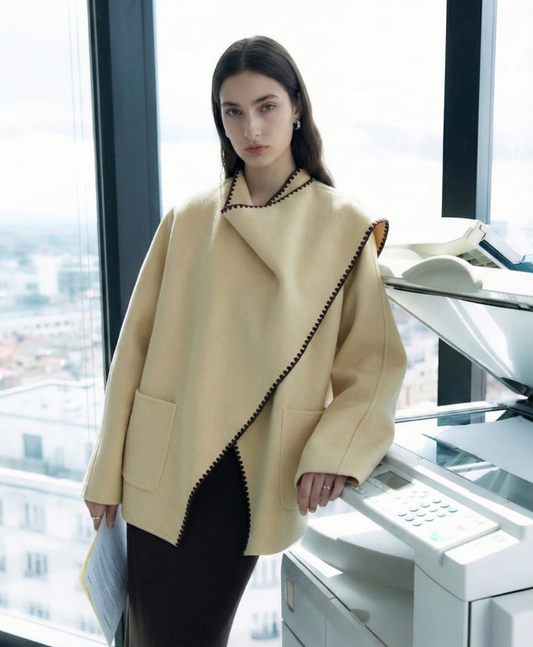 Wool Short Coat - Irregular Scarf Collar for Winter