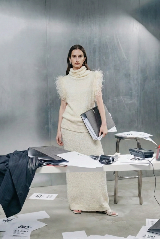 Polyester Knitted Set - Ostrich Feather Sleeveless Sweater and Skirt