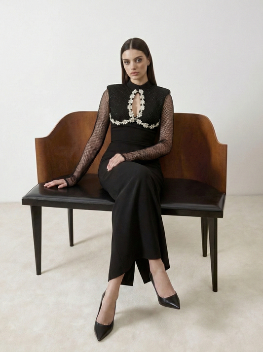 Polyester Mesh Long-Sleeve Dress with Chest Cutout