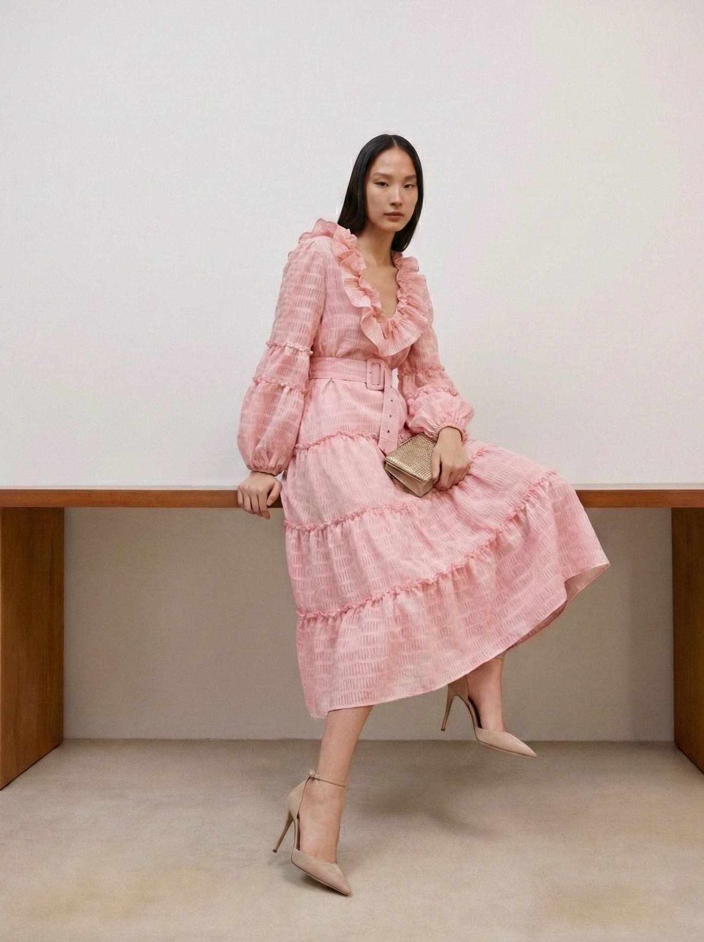 Polyester Long Dress with Bubble Sleeves and Waist-Cinching Design