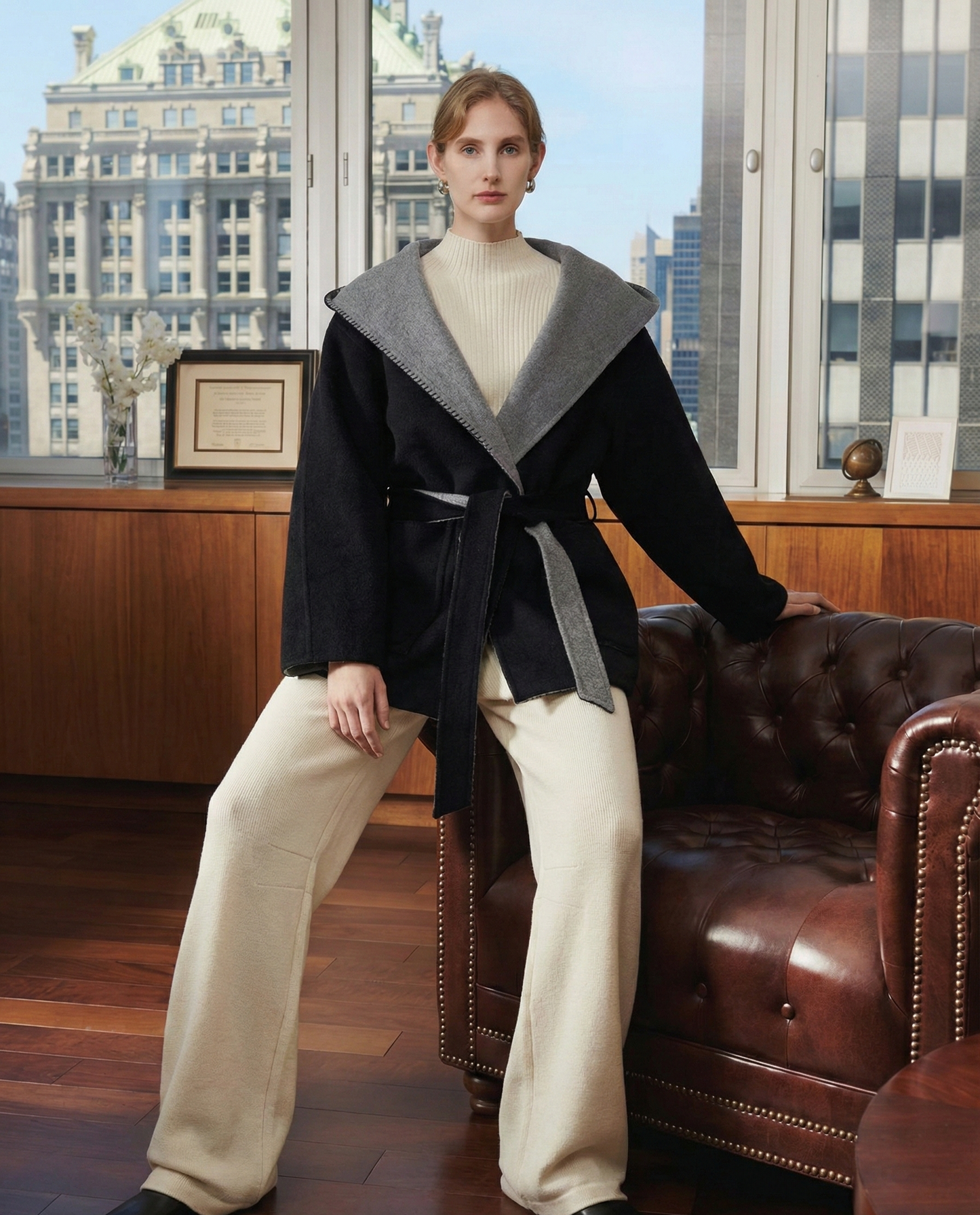 معطف صوفي قابل للعكس - معطف شتوي بغطاء رأس بألوان متداخلة