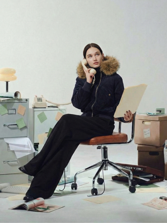 Cotton Winter Jacket - Asymmetric Patchwork with Fur Collar