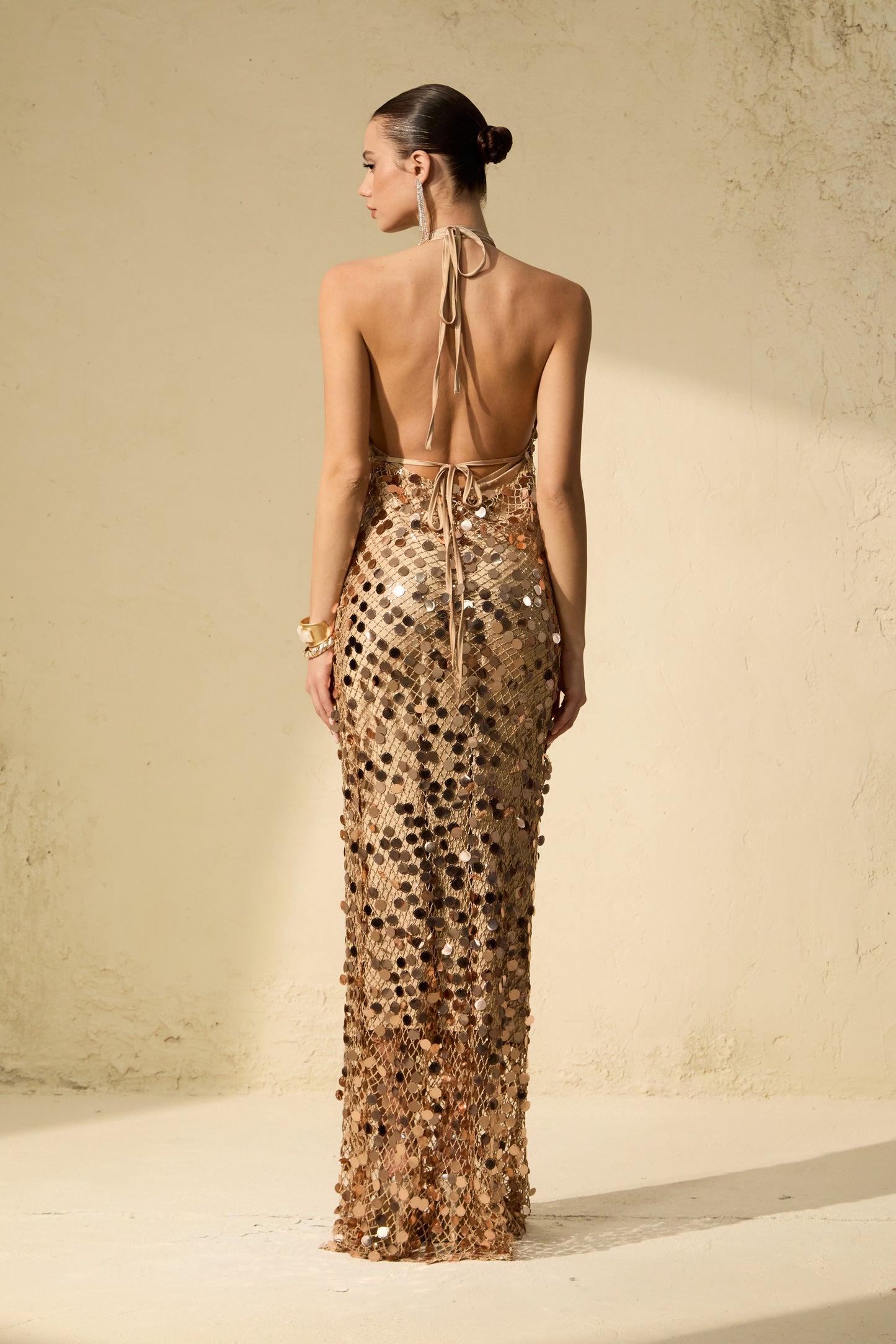 Glamorous Gold Sequin Maxi Dress with Fishnet Details