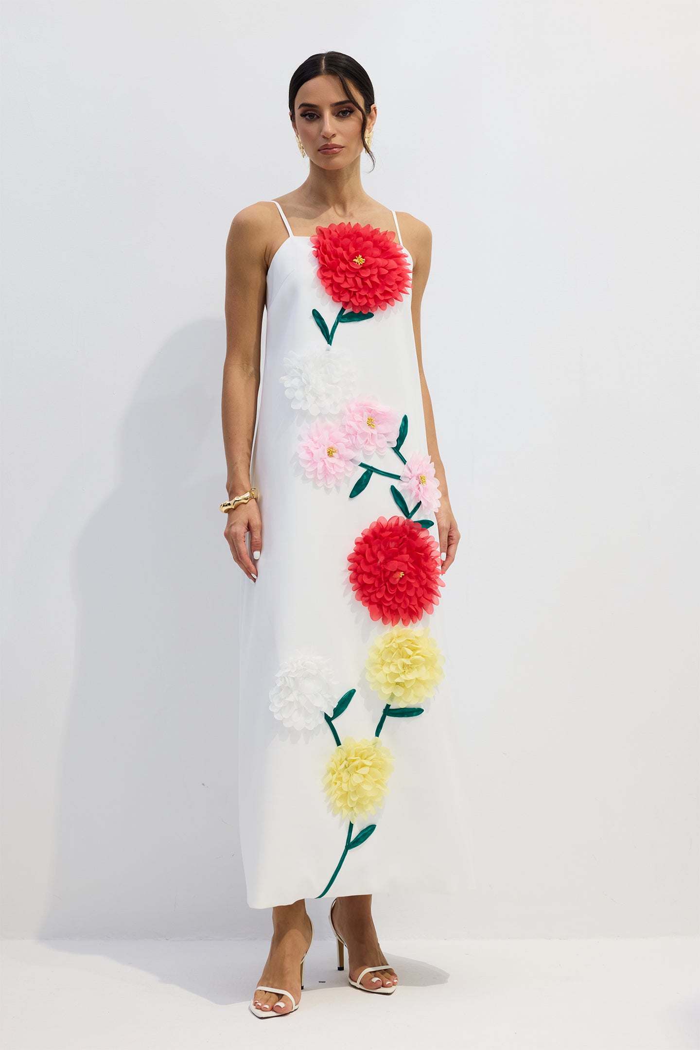 Rose Elegant Floral Applique Spaghetti Straps Maxi Dress