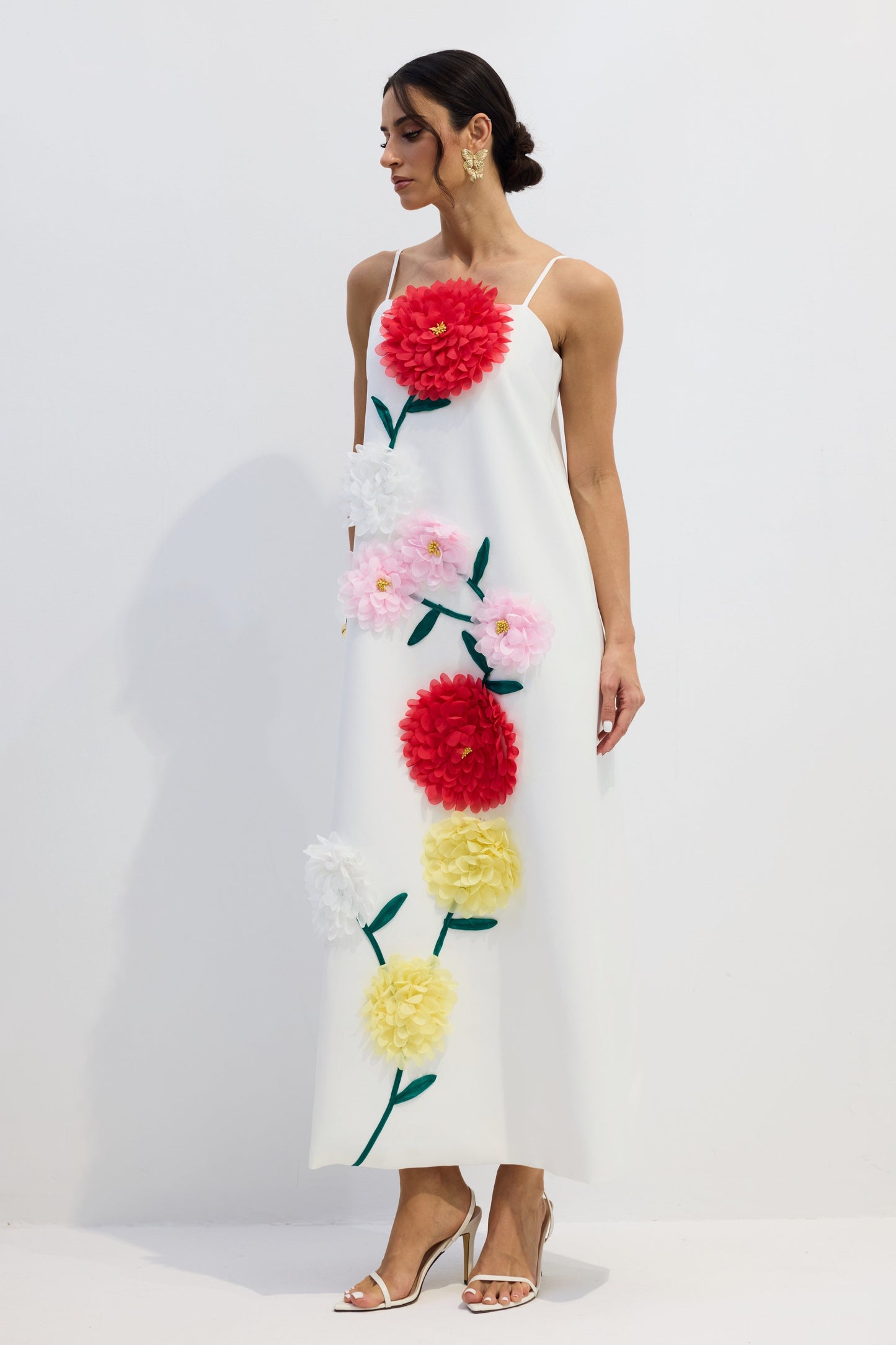 Rose Elegant Floral Applique Spaghetti Straps Maxi Dress