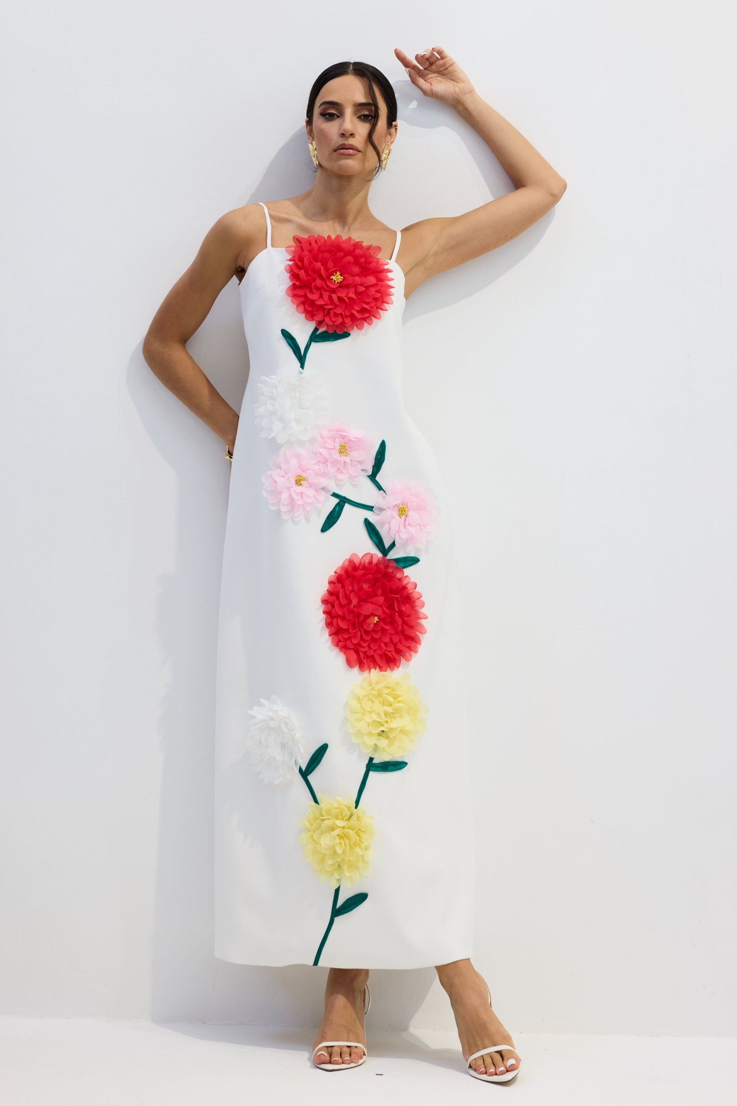 Rose Elegant Floral Applique Spaghetti Straps Maxi Dress