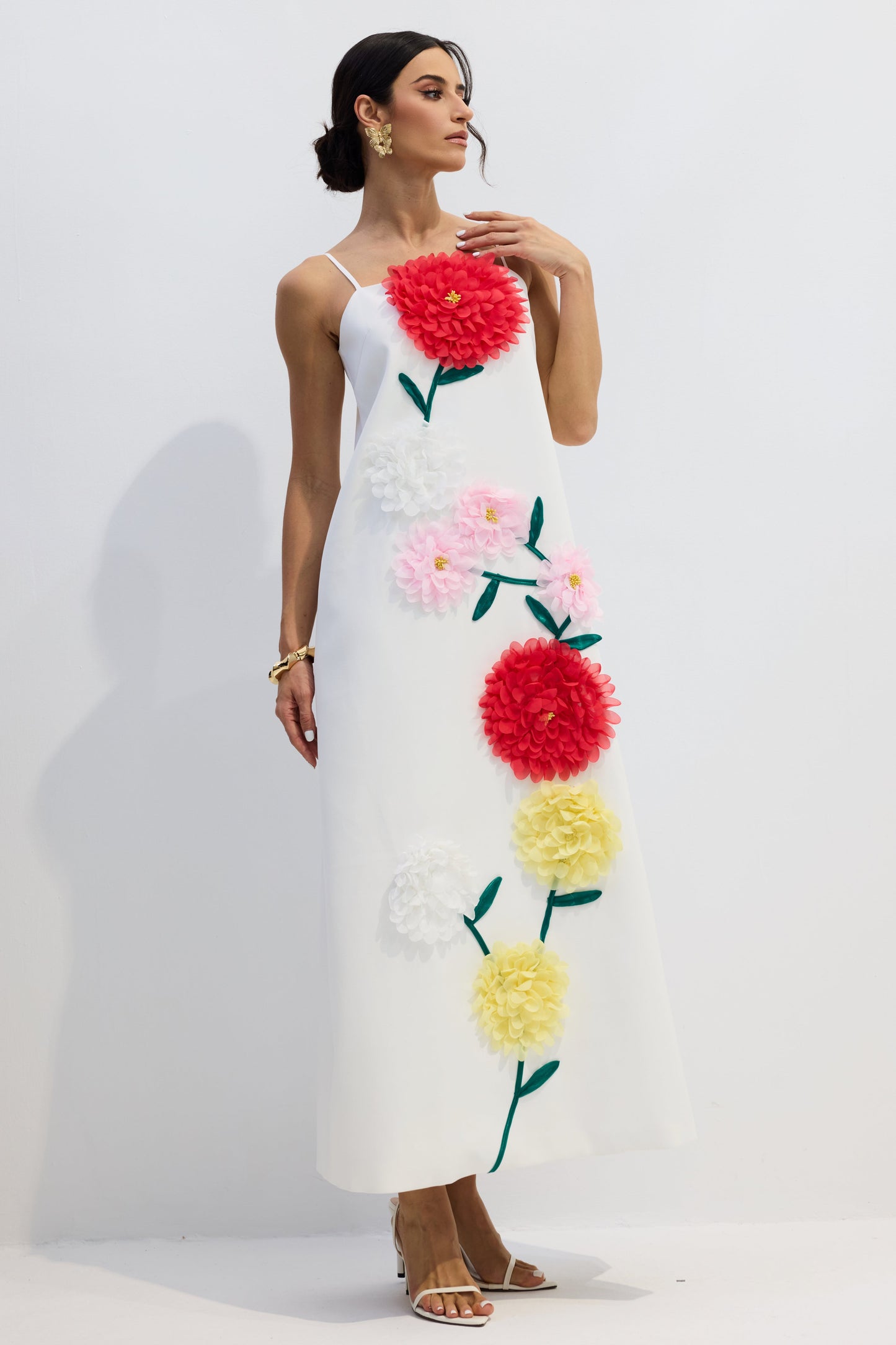 Rose Elegant Floral Applique Spaghetti Straps Maxi Dress
