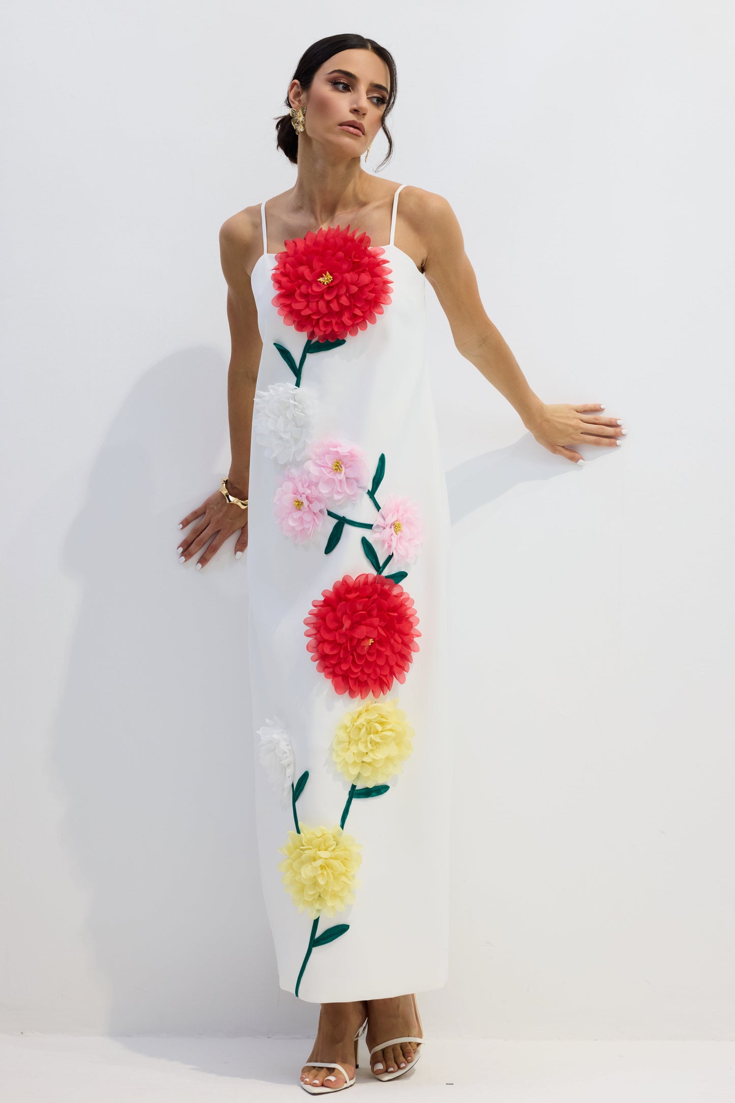 Rose Elegant Floral Applique Spaghetti Straps Maxi Dress