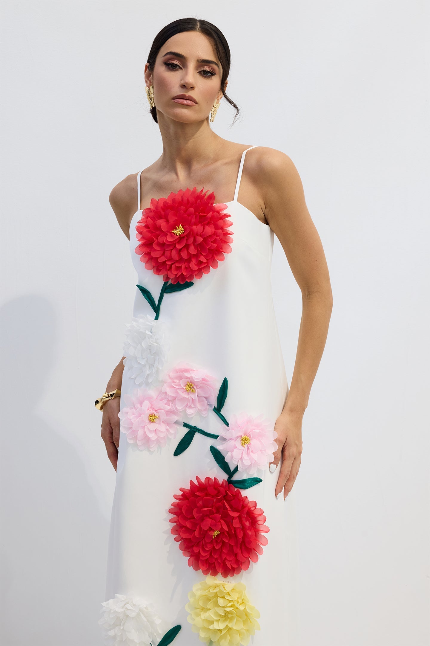 Rose Elegant Floral Applique Spaghetti Straps Maxi Dress