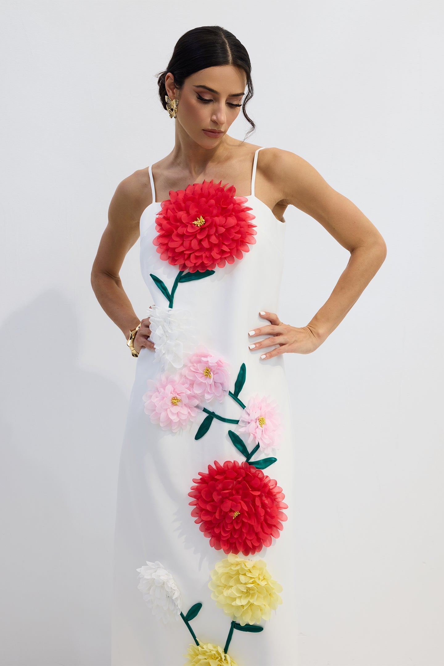Rose Elegant Floral Applique Spaghetti Straps Maxi Dress