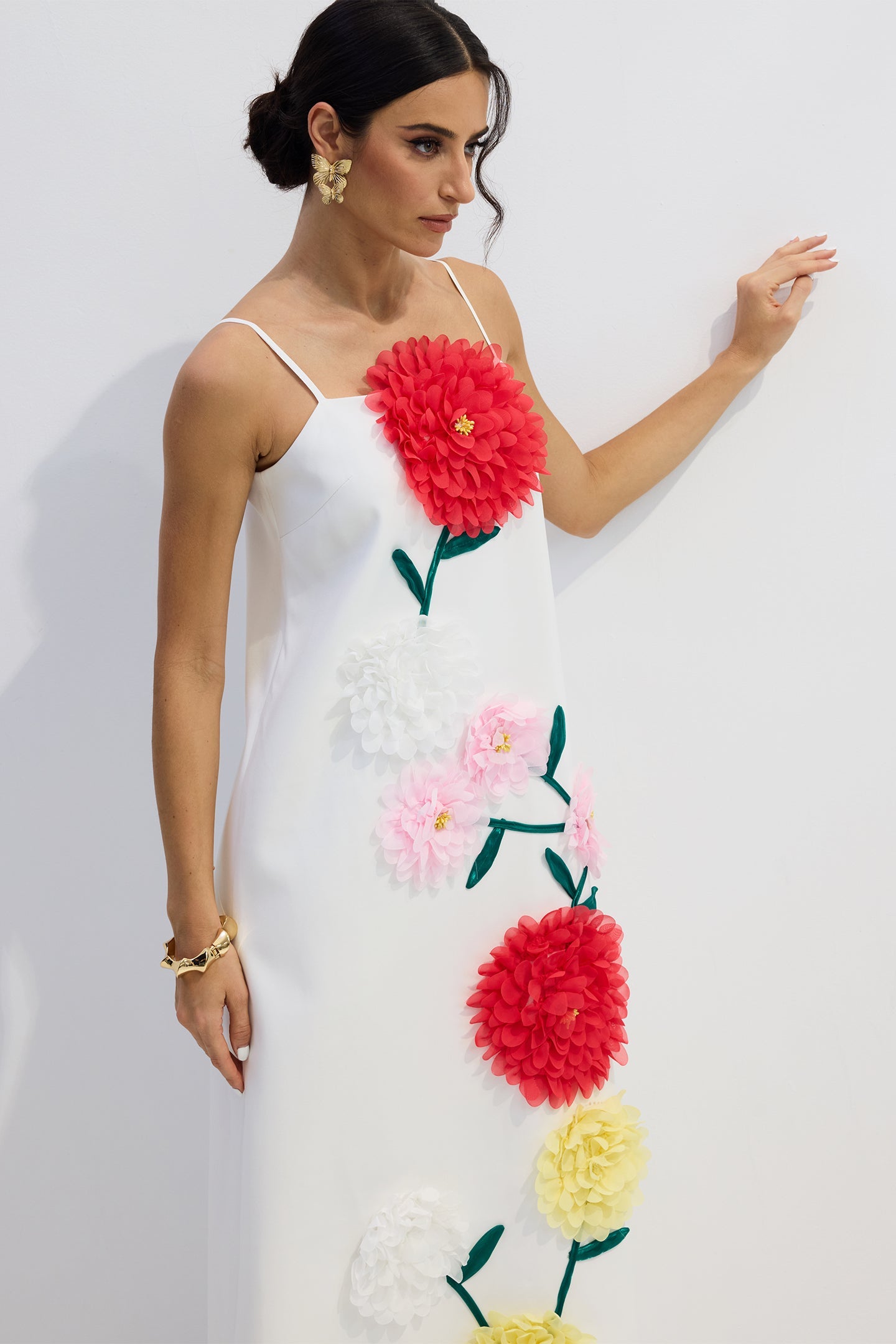 Rose Elegant Floral Applique Spaghetti Straps Maxi Dress