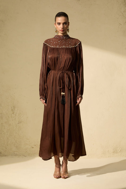 Heidi Brown Crystal Bishop Sleeve Maxi Dress