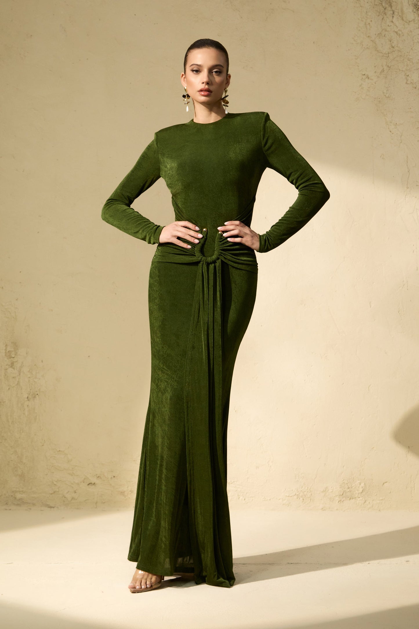 Opal Deep Green Draped Waist Maxi Dress