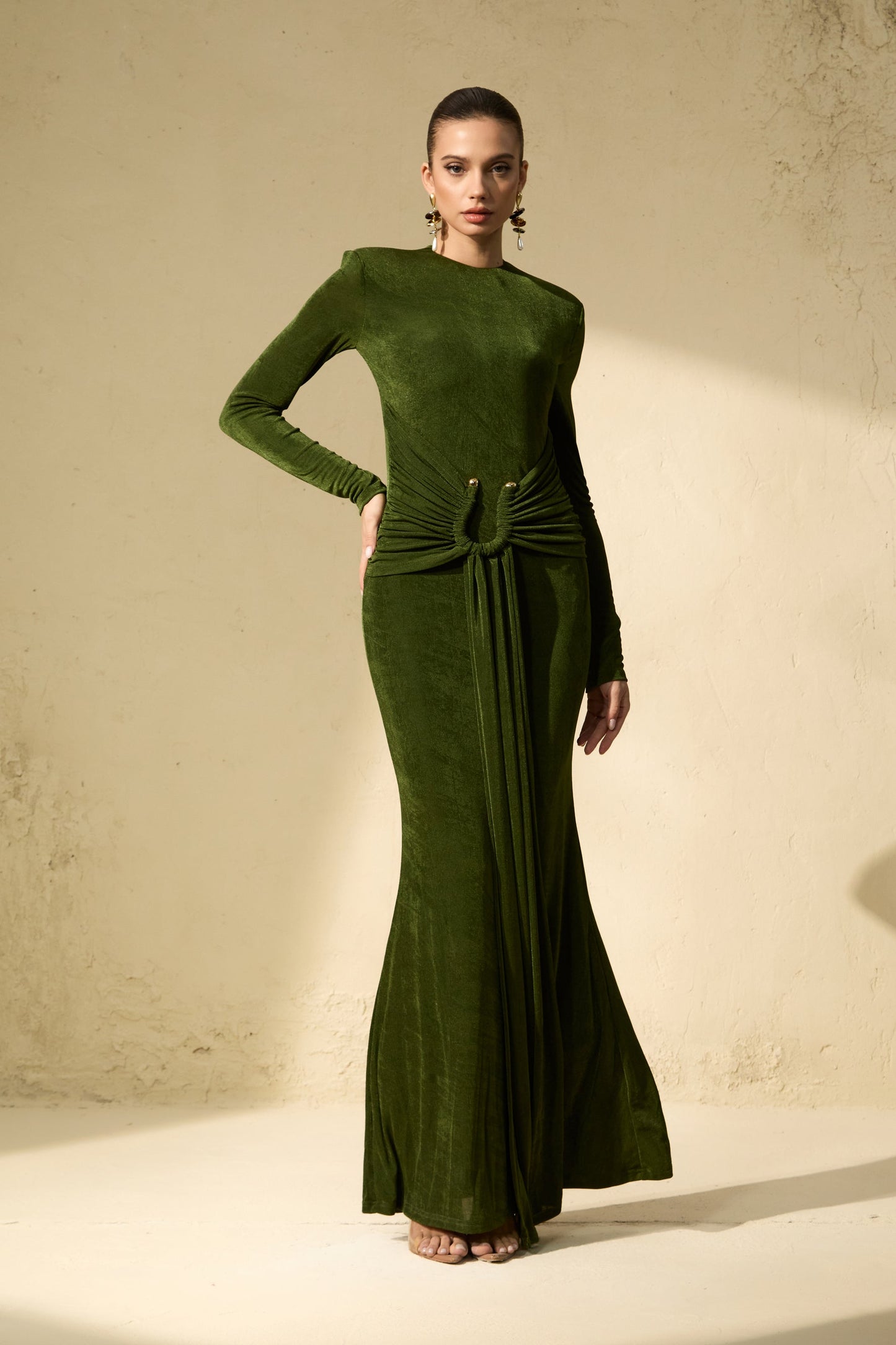 Opal Deep Green Draped Waist Maxi Dress
