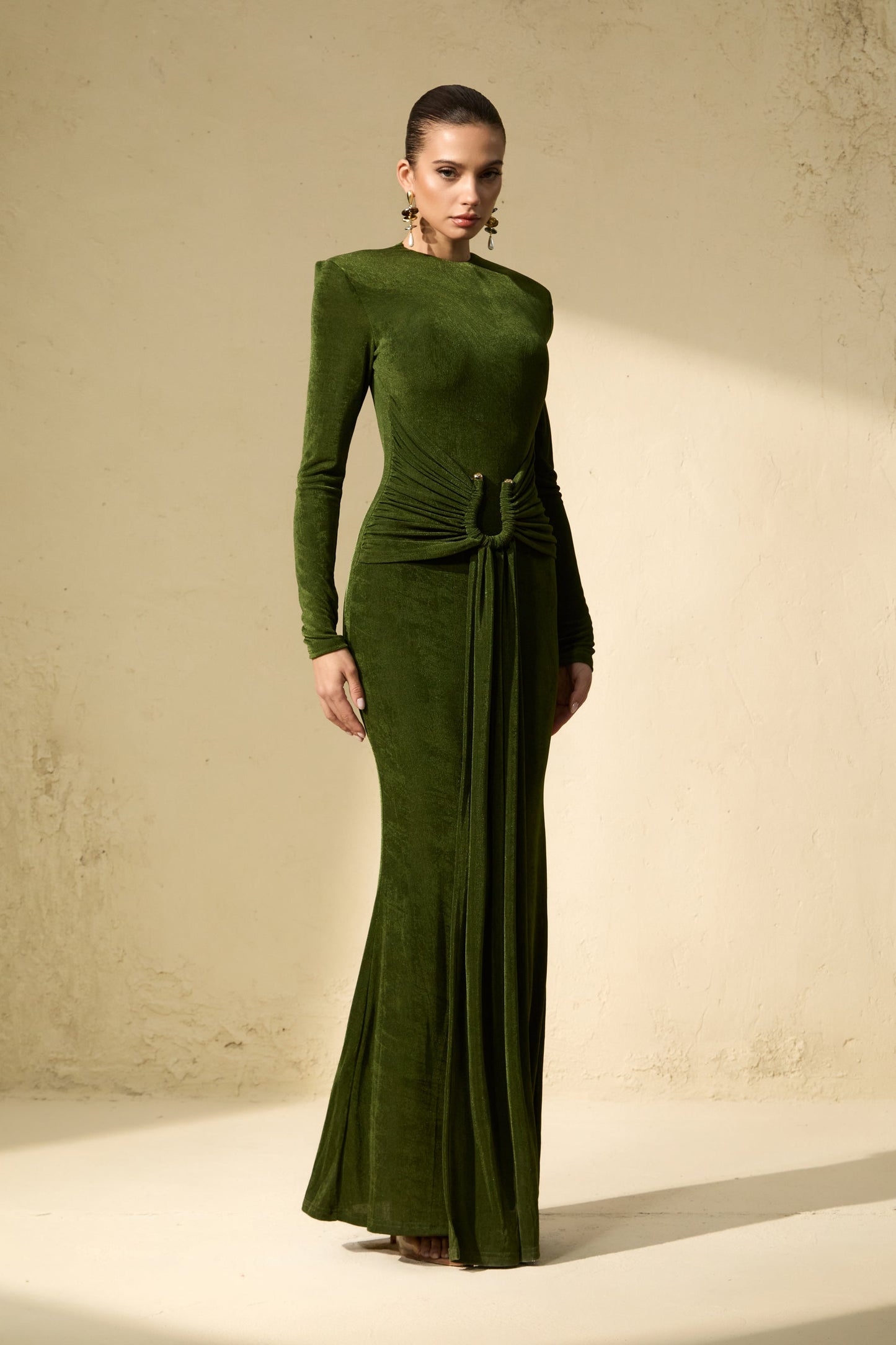 Opal Deep Green Draped Waist Maxi Dress