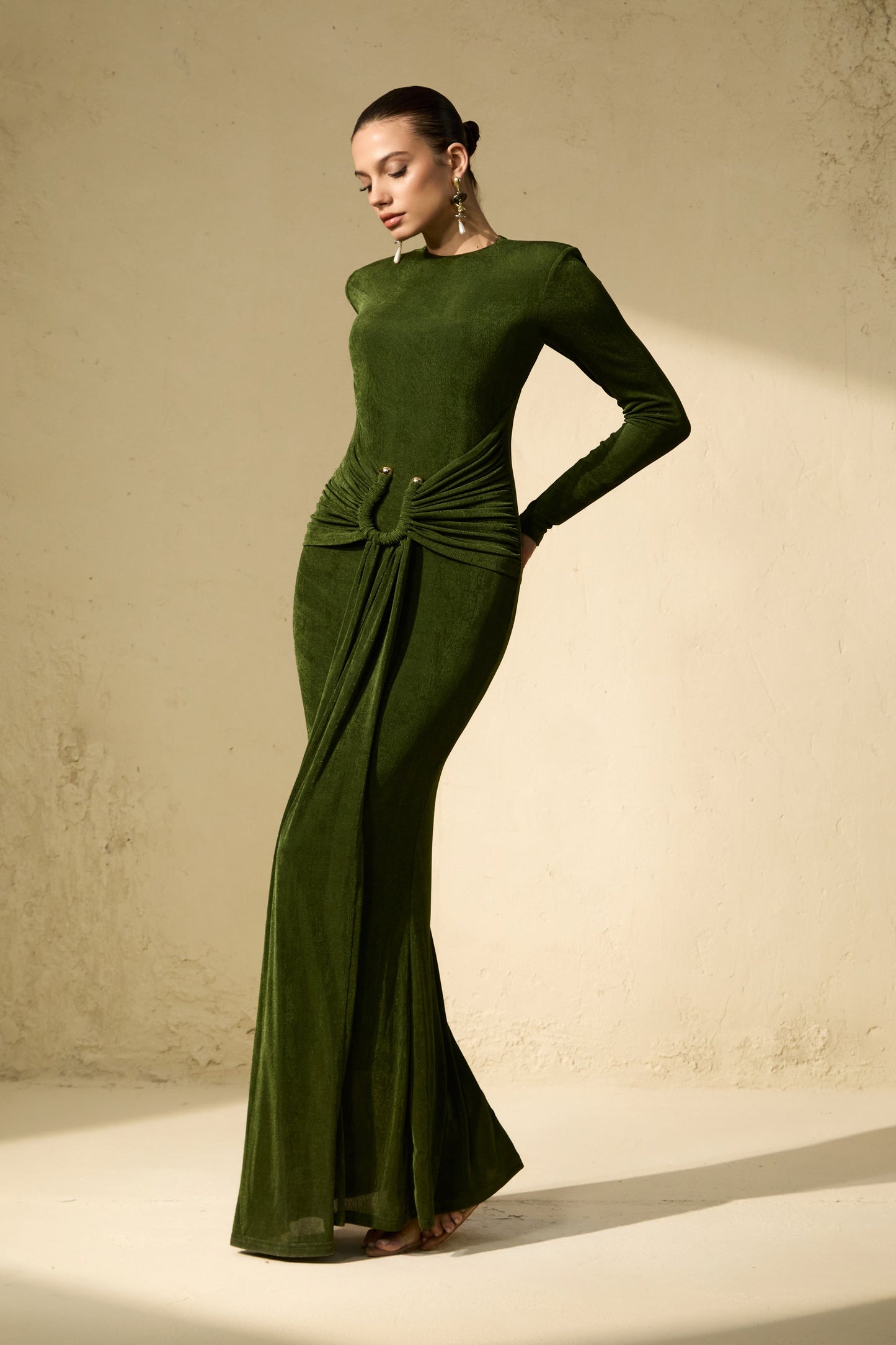 Opal Deep Green Draped Waist Maxi Dress