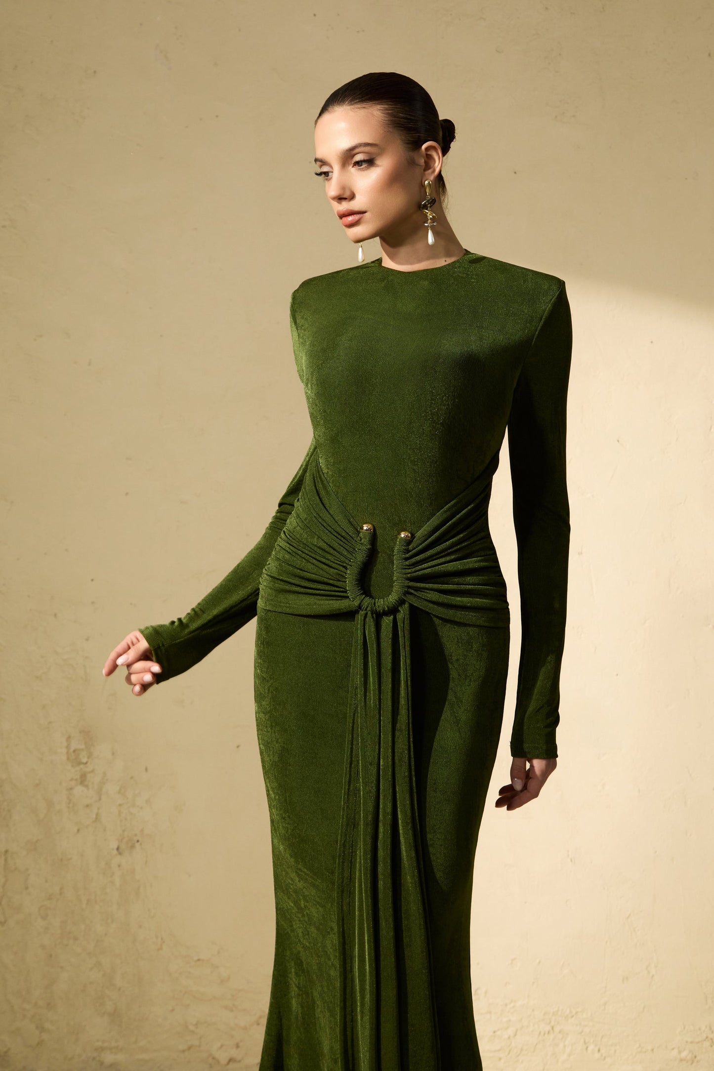 Opal Deep Green Draped Waist Maxi Dress