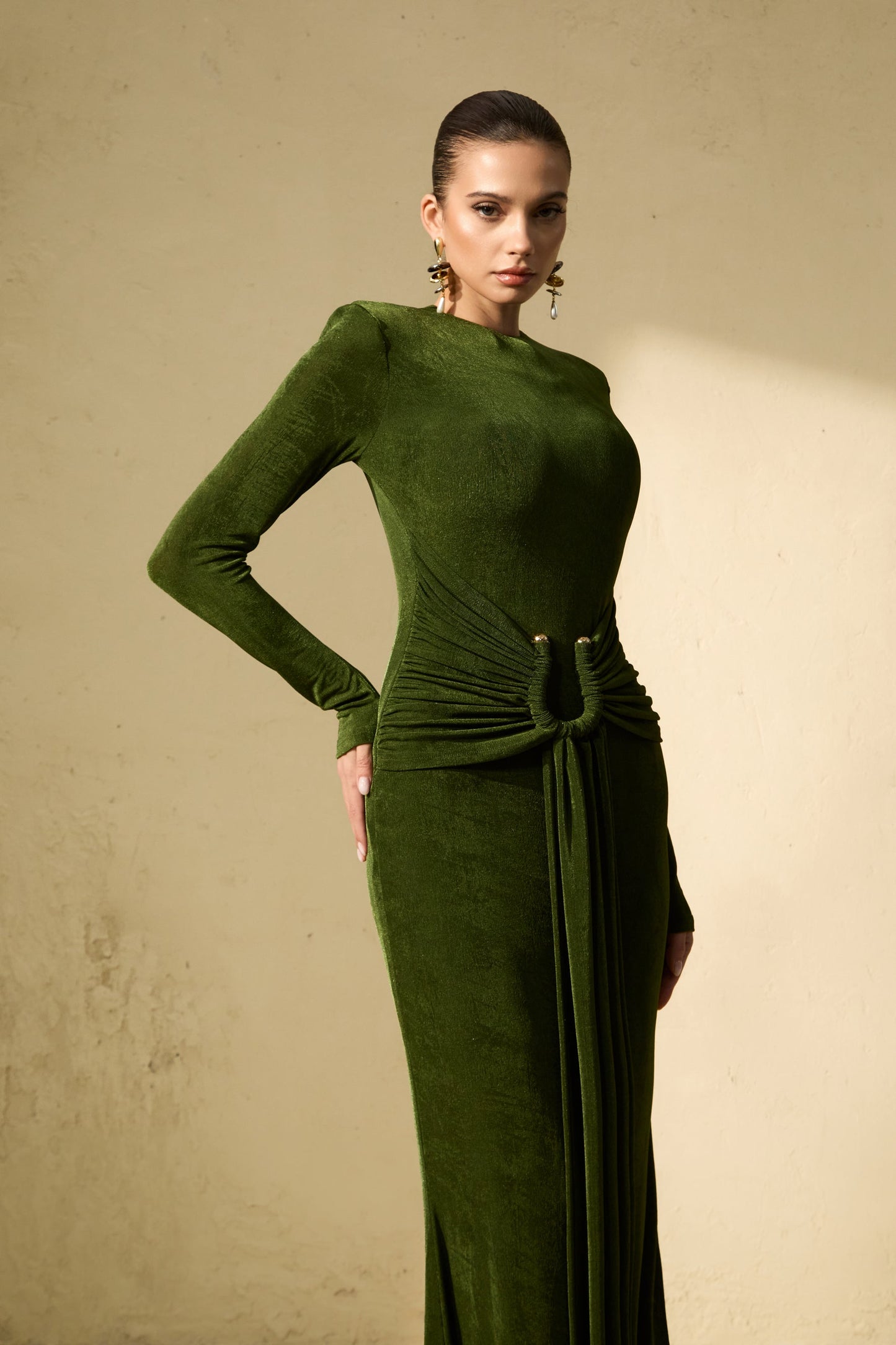 Opal Deep Green Draped Waist Maxi Dress