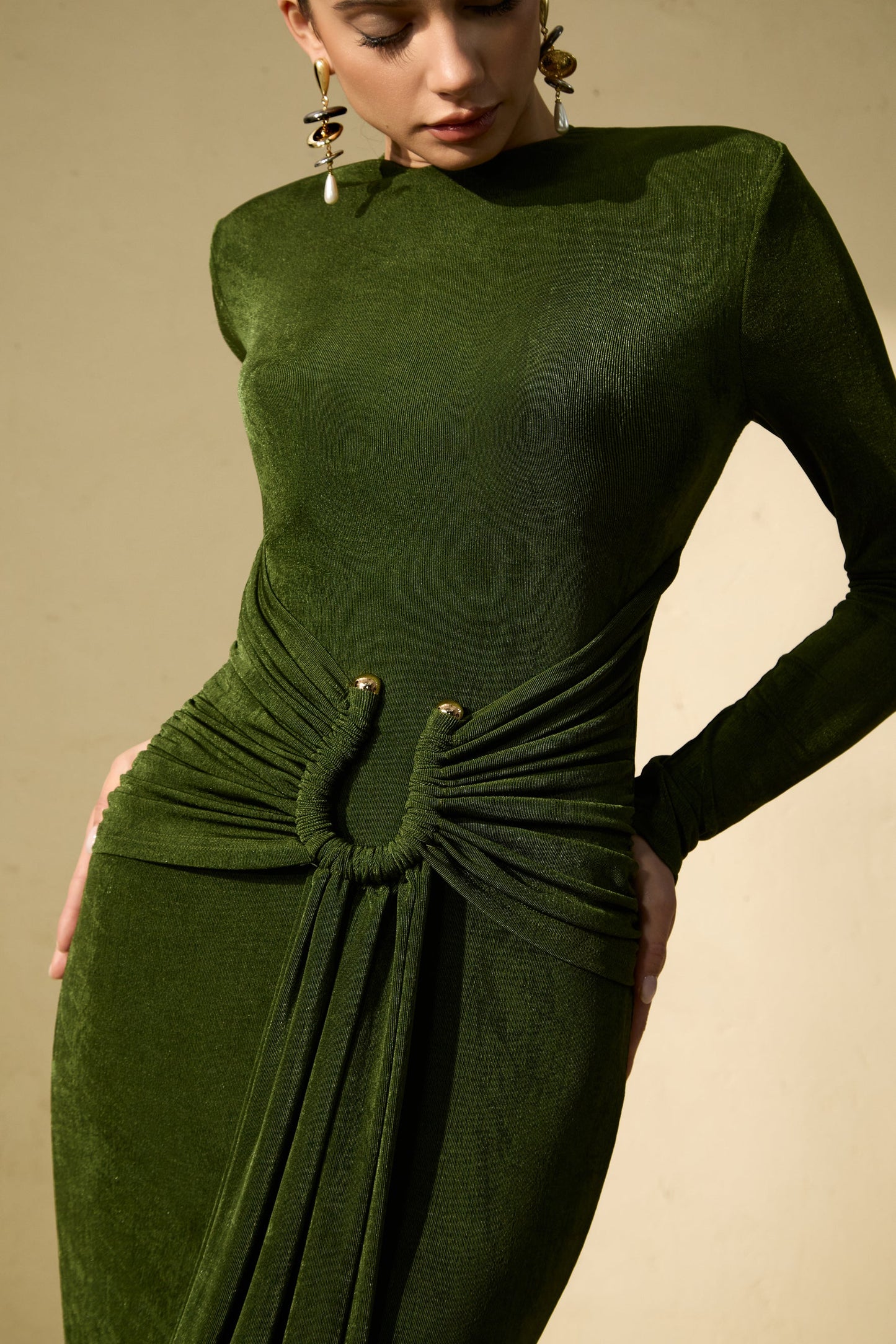 Opal Deep Green Draped Waist Maxi Dress