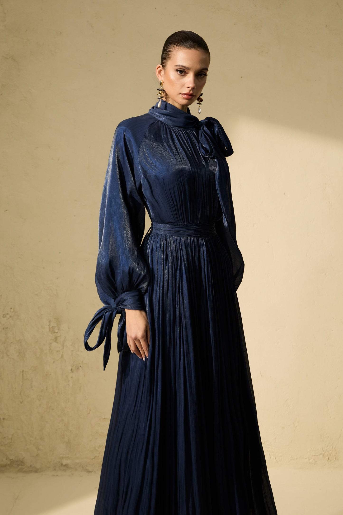 Heidi Blue Pleated Ruffle Hem Maxi Dress with Presence