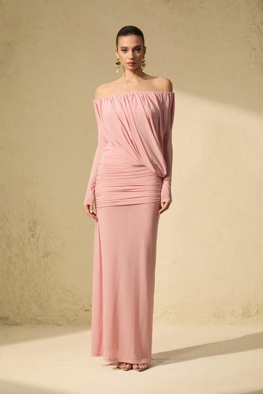 Hope Romantic Pink Off Shoulder Ruched Bodice Maxi Dress