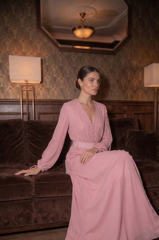 Polyester Pink Dress with Waist Tie and Single-Breasted Closure