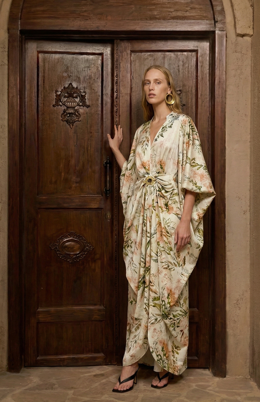 Printed V-Collared Batwing Sleeve Long Dress with Metal Buckle