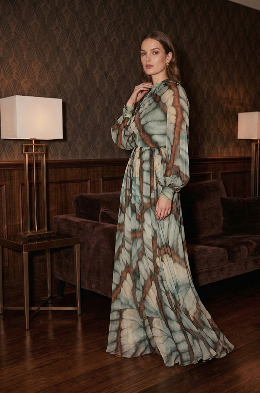 Polyester Long Dress with Stand Collar and Print