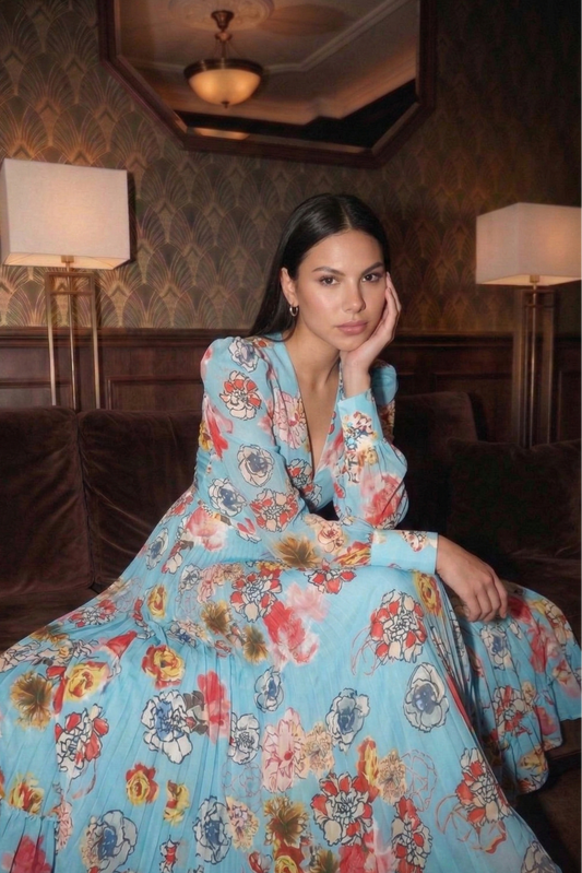 Polyester V-Neck Long-Sleeve Floral Maxi Dress