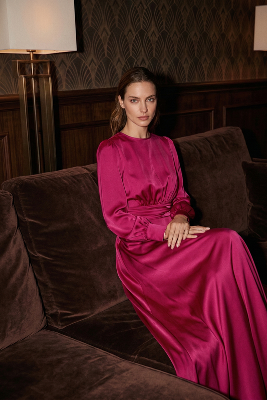 Polyester Satin Evening Dress - Magenta