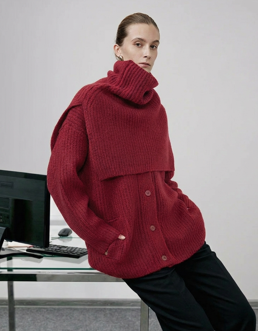 羊毛混紡針織開衫外套 - 高領冬季款