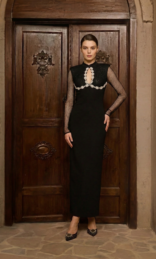 Polyester Mesh Long-Sleeve Dress with Chest Cutout