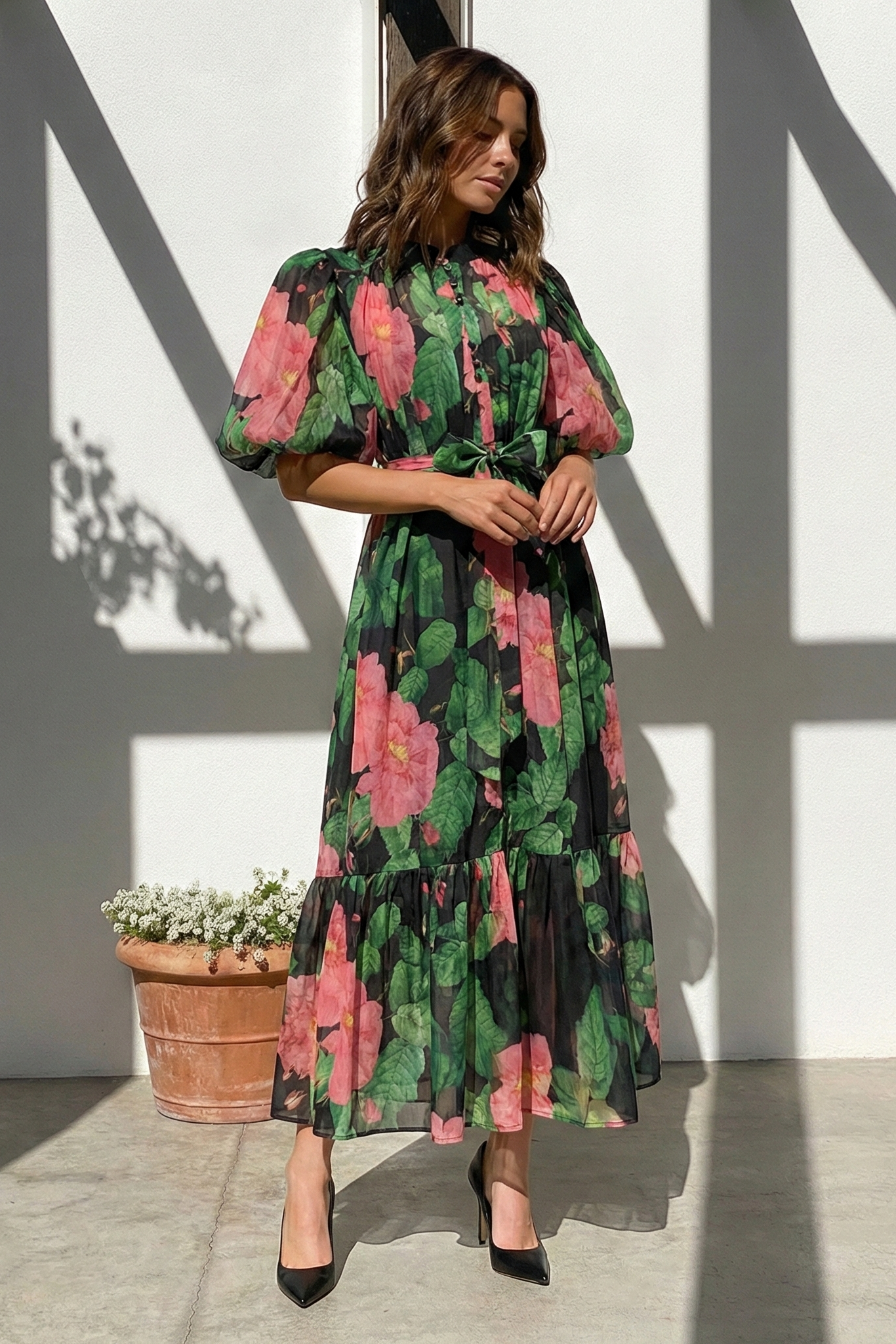 Polyester Puff Sleeve Long Dress with Lace-Up Waist