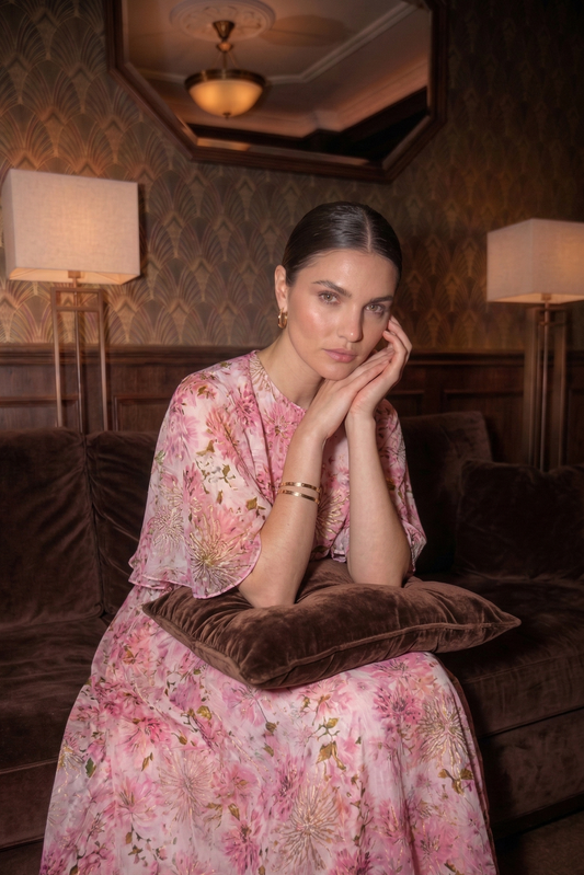 Polyester Floral Long Dress with Cape Design