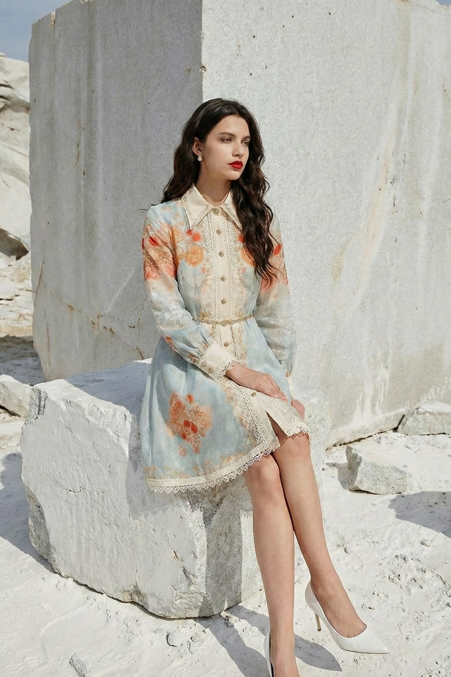 Polyester Long-Sleeve Printed Dress with Lace Design