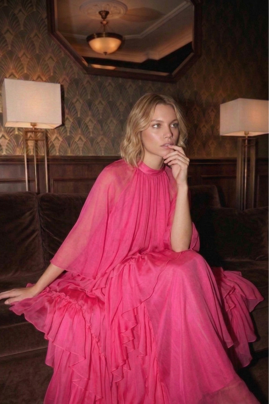 Polyester Cape Dress with Stand Collar and Waist-Cinching Design