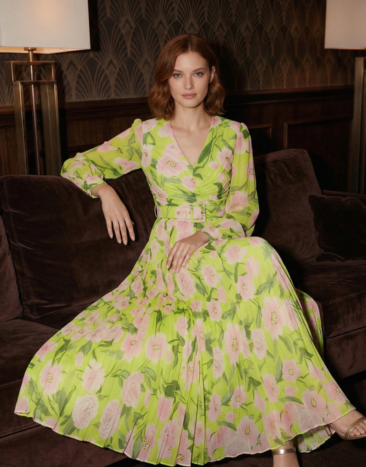 Cotton V-Neck Pleated Dress with Balloon Sleeves