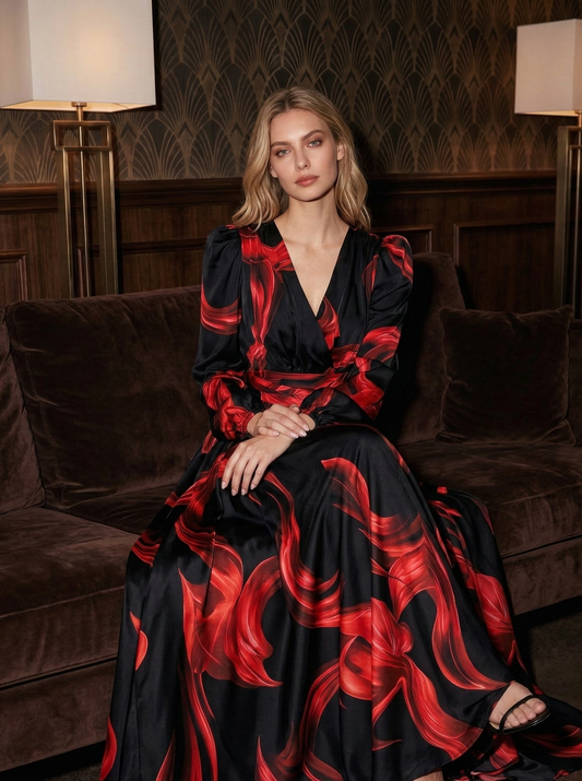 Satin Black Dress with Floral Print and Cinched Waist