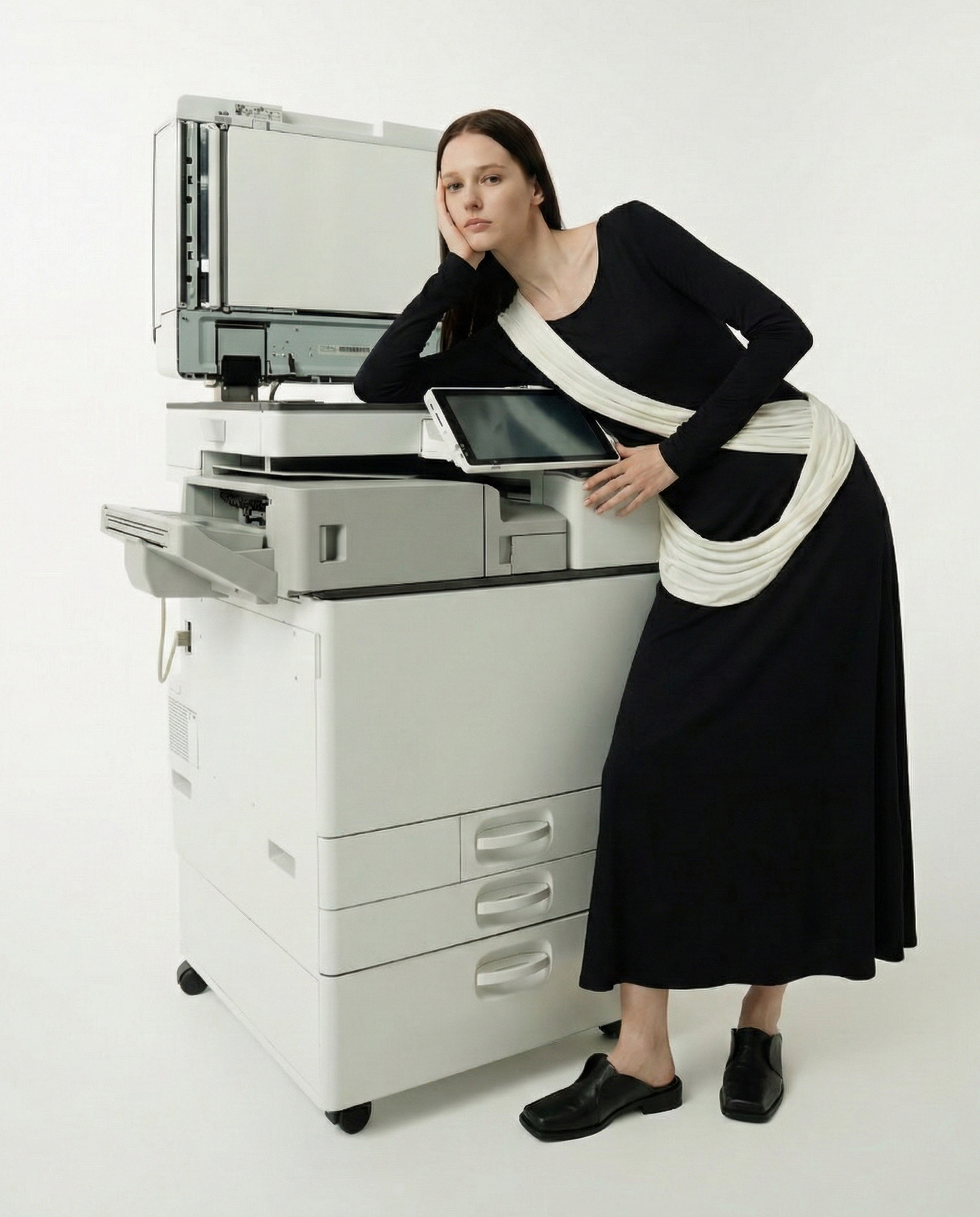 Polyester Long Sleeve Dress - Minimalist Color-Block with Ribbon