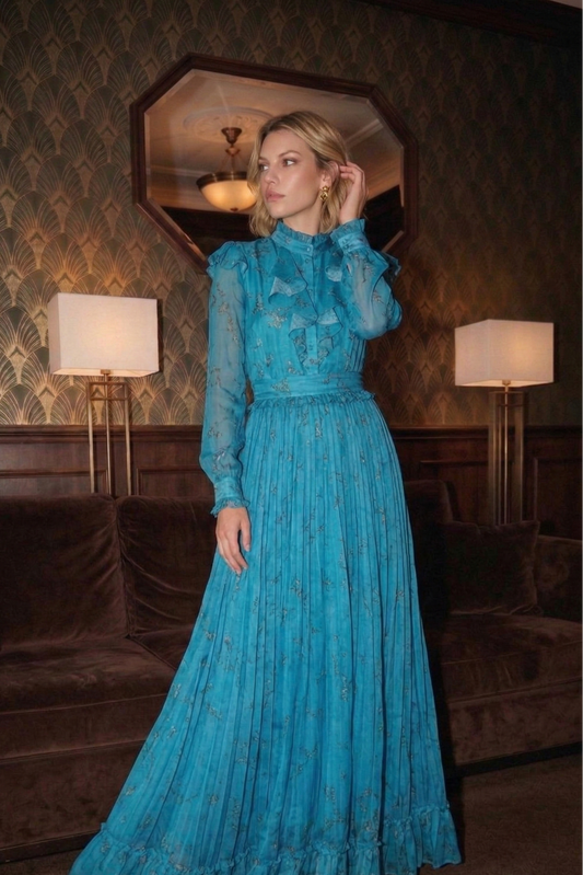 Polyester Floral Print Dress with Ruffled Collar